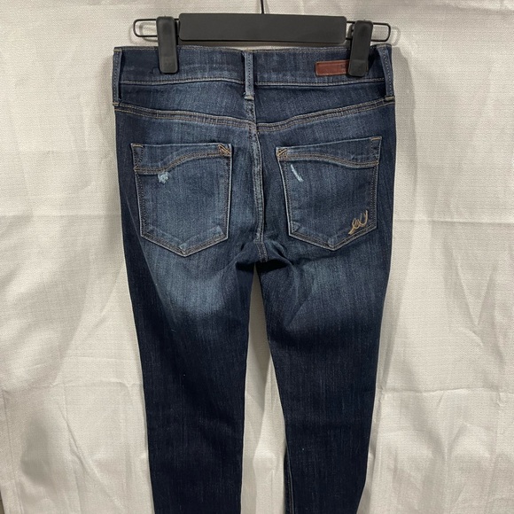 Express jeans midrise jeggings size 0, distressed dark blue rips - Picture 3 of 5